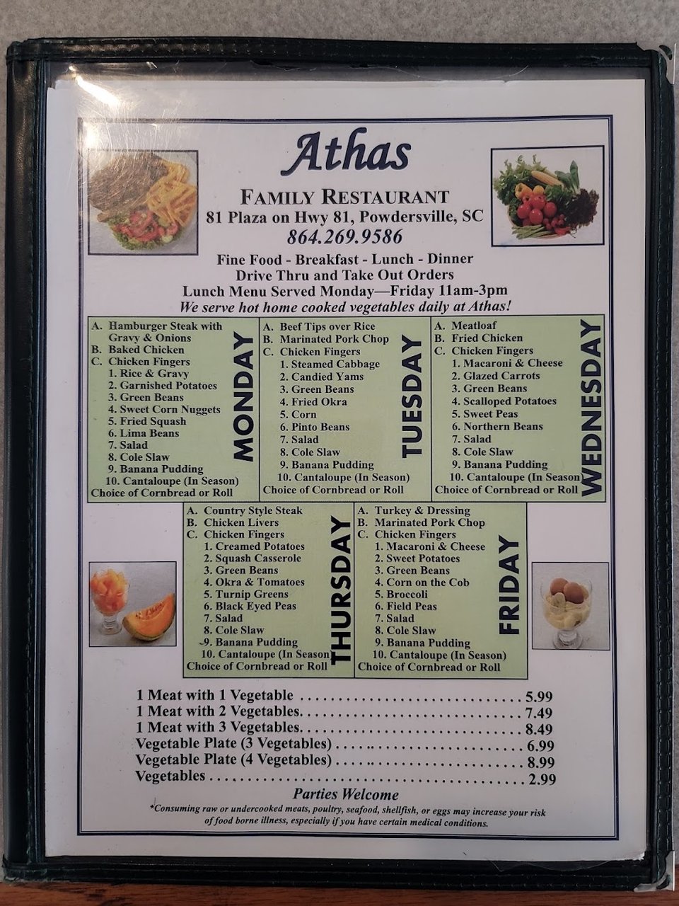 Comfort food dishes on a family restaurant menu.