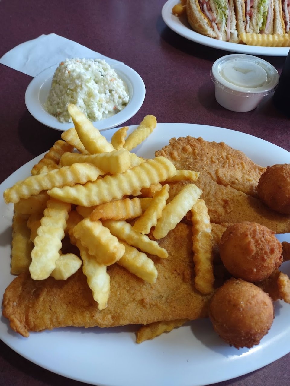 Flounder Fries and Slaw Hush Puppies