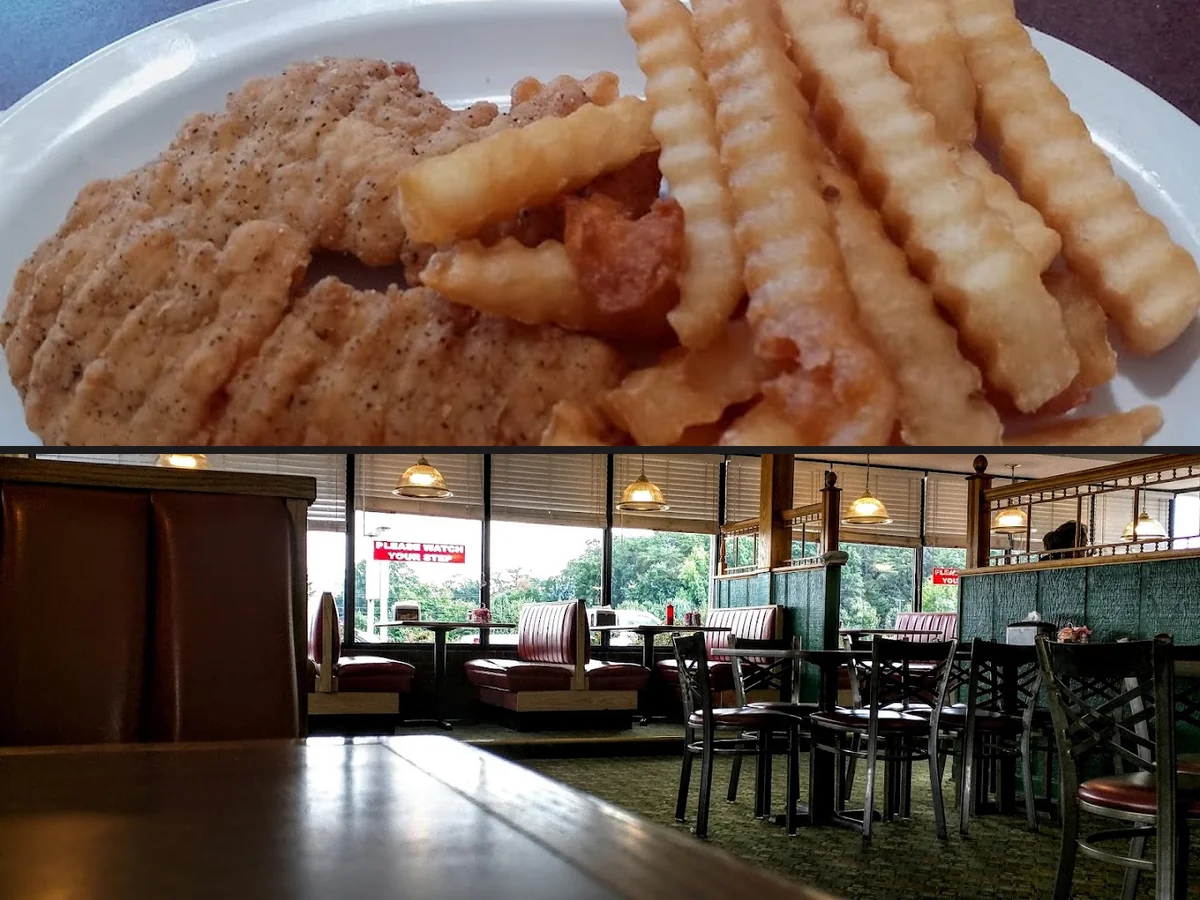Casual family restaurant dining room with simple tables.