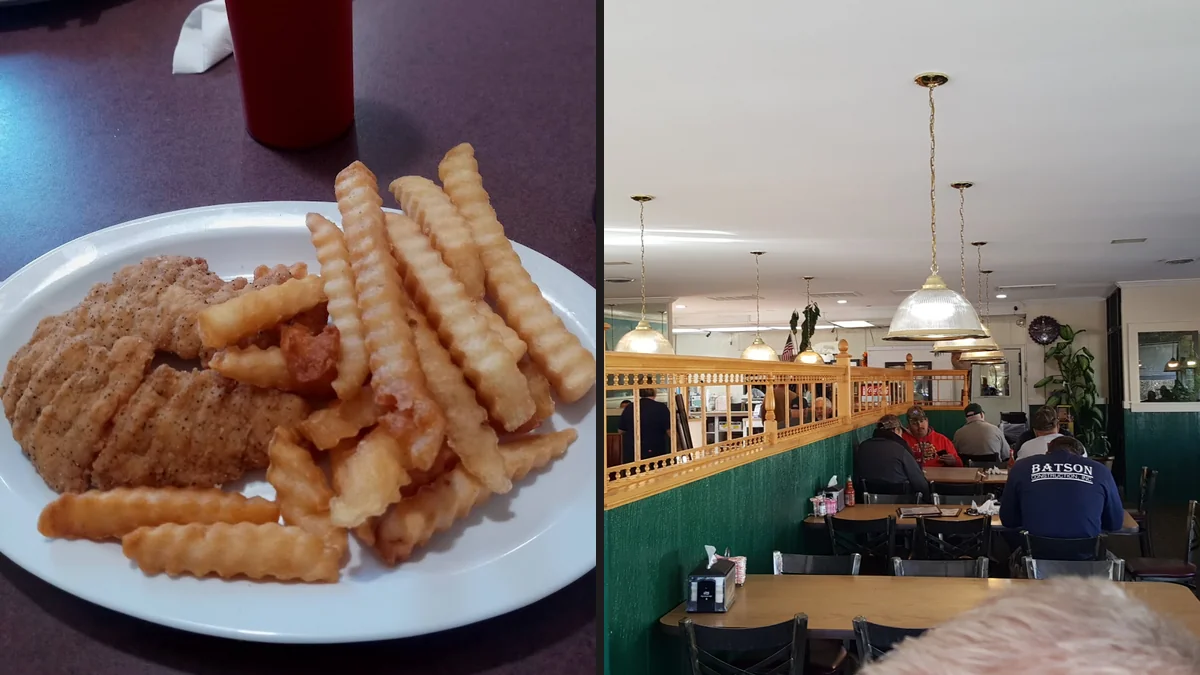 Casual family restaurant dining room with simple tables.